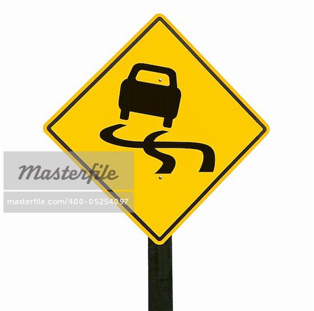 Yellow slippery road sign, isolated on white background, clipping path.