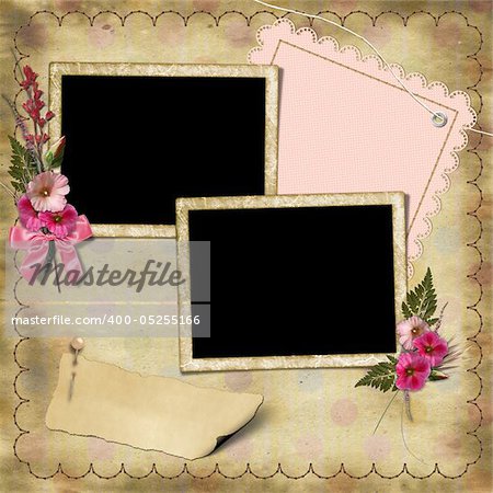 Vintage Photo Album. The frame is decorated with a bouquet of flowers hollyhocks