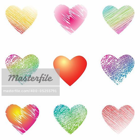 Hearts for valentine's cards set. Vector art in Adobe illustrator EPS format, compressed in a zip file. The different graphics are all on separate layers so they can easily be moved or edited individually. The document can be scaled to any size without loss of quality.
