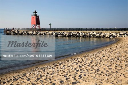 Charlevoix South Pier Lighthouse seen from the beach.