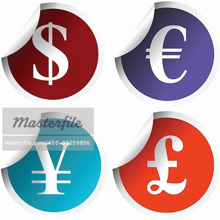 Fresh labels with various international curency signs