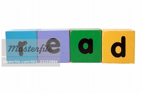 toy letters that spell read against a white background with clipping path