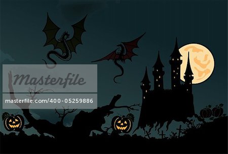 Scary halloween vector with lock, cemetery and dragons. Vector illustration