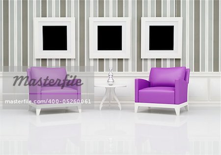 two purple armchair in a classic interior with empty frame  supported by chains - rendering