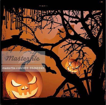 Halloween vector illustration scene with  pumpkin and tree