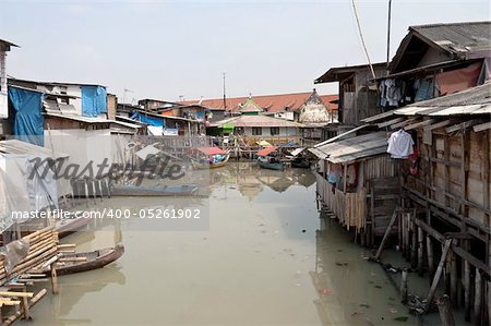 Slum on dirty canal in Jakarta, Indonesia