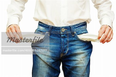 Businessman with empty pockets on white