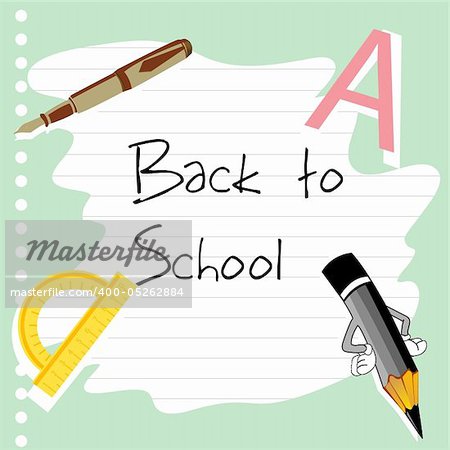 illustration of school stationery on paper with back to school text