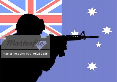 Silhouette of an Australian soldier with the flag of Australia in the background