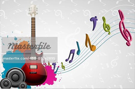 illustration of guitar with musical notes on abstract musical background