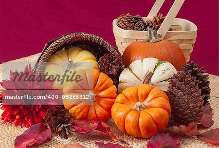 Still life of small ornamental pumpkins, and cone spilling from basket on woven straw mat. Background is deep red woven cloth.