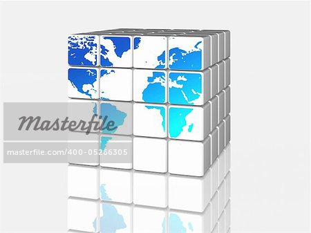 3d white cubes with blue world map