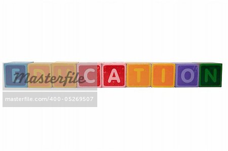 toy letters that spell education against a white background with clipping path