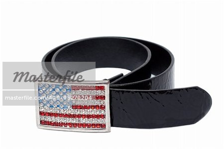 Black leather glossy belt with buckle in the manner of american flag