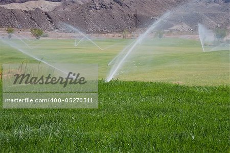 golf course with sprinklers on