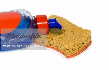 Washing set bottle drop sponge isolated over white background