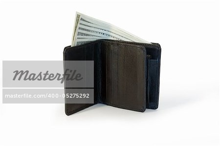 One dollar bank notes inside modern purse. Isolated on white with clipping path