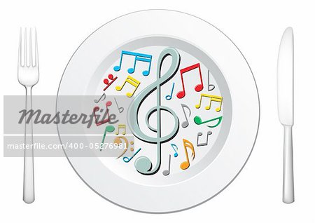 Our food are music, tableware and musical notes in the plate on the white background