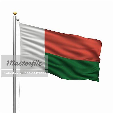 Flag of Madagascar with flag pole waving in the wind over white background