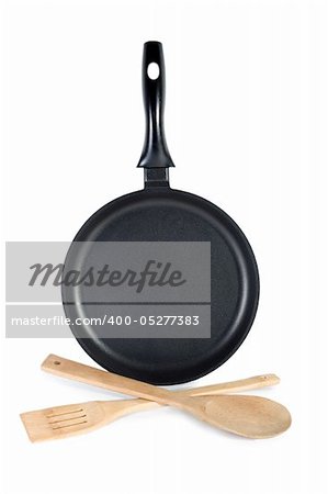 frying pan with set spoon isolated on white