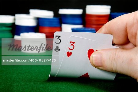 Pair of threes opening hand at Poker (From a series of opening hands at poker)