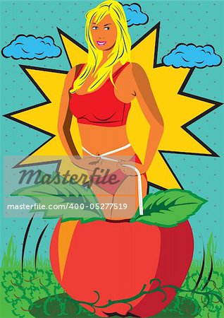 Comic vector illustration of a young woman coming from an apple and measuring her waist.