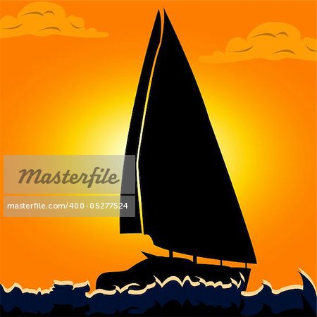 Vector illustration of a silhouette of a sailboat on the open sea