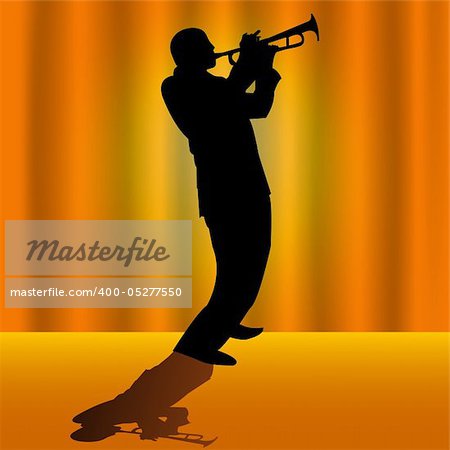 Silhouette of a trumpet player on stage with orange background