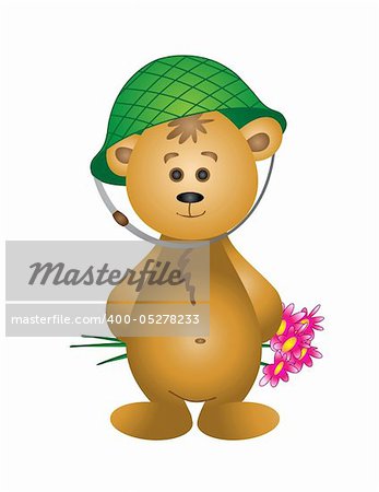 Teddy-bear in a helmet with a bouquet. Picture to Valentine's day
