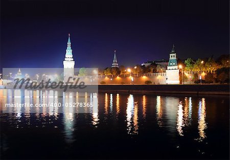 view on kremlin from river at night in Russia Moscow