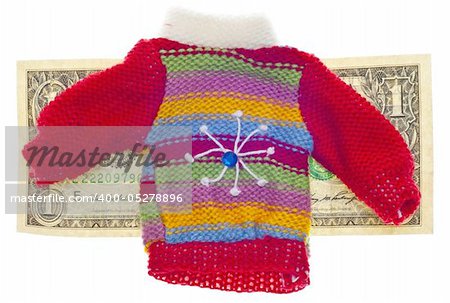 American Currency and Striped Winter Sweater Concept for Cost of Holiday Gift Shopping.