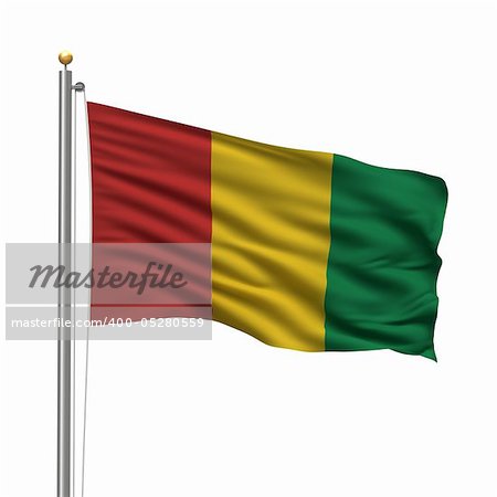Flag of Guinea with flag pole waving in the wind over white background
