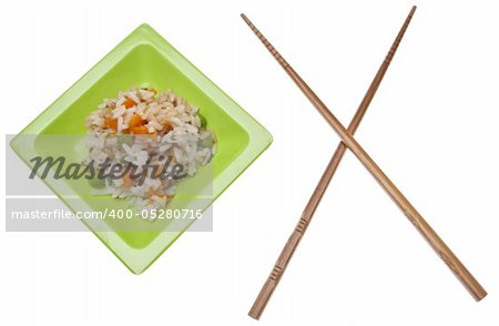 Snack of Chicken Fried Rice on a Green Plate with Chopsticks Isolated on White with a Clipping Path.
