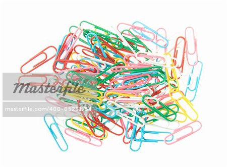 Color paper clips of a paper isolated on white close up