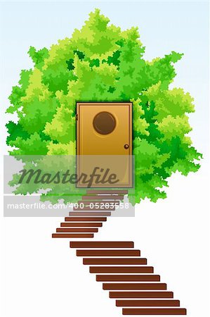 illustration of green home with tree and stairs