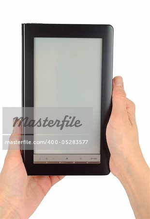 Female hands with electronic book isolated with clipping path over white