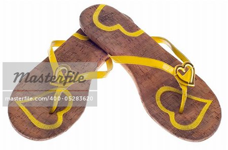 Yellow Flip Flop Sandals with Hearts.  Isolated on White with a Clipping Path.
