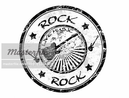 Grunge rubber stamp with the guitar and the word Rock written inside the stamp, vector illustration