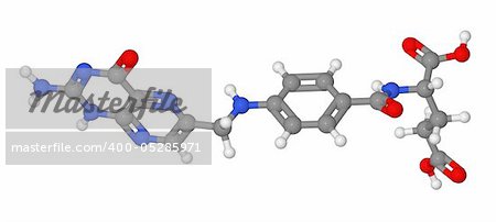 Ball and stick model of folic acid molecule isolated on white background
