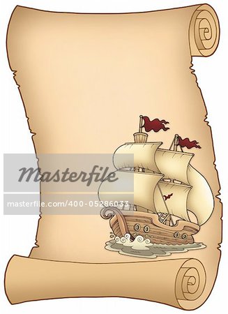 Scroll with old sailboat - color illustration.