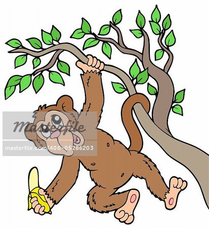 Monkey with banana on tree - vector illustration.