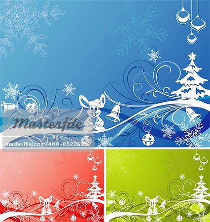 Three Christmas background with tree, rabbit and wave pattern in various colors, vector illustration