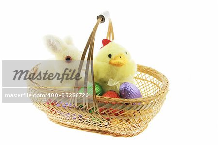 Bunny, Toy Chick and Easter Eggs in Basket