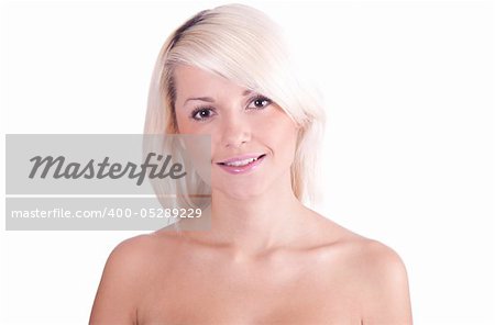 Portrait of a girl on a white background, blonde hair. Isolation