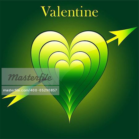 Valentine love hearts in green and yellow with arrow. Subtle pattern and glowing background.