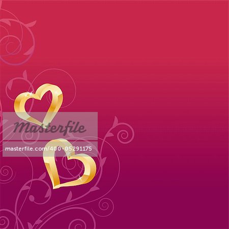 Gold hearts and swirl ornament on dark red background