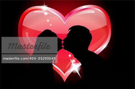 Silhouettes of lovers kissing on the background of the heart