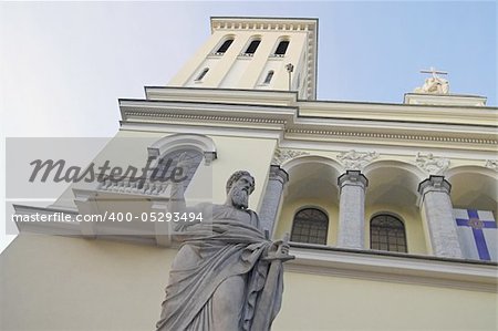 Saint Peter's Sculpture at the front of the German Evangelic Lutheran Church in Saint Petersburg, Russia.