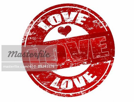 Red grunge rubber stamp with the word love written inside the stamp