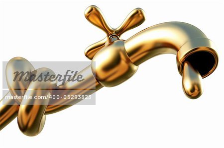 tied in a knot golden tap. a drop of gold flowing from the tap. isolated on white.